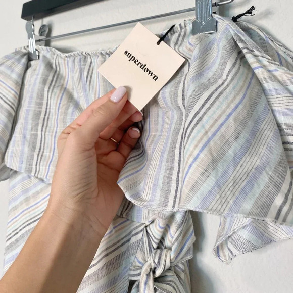 Superdown | Revolve Striped Multicolor Off Shoulder Wrap Mini Dress - Picture 7 of 9